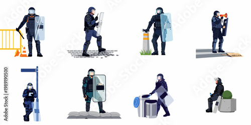 Set of flat vector illustrations showing riot police officers in full tactical gear with shields and equipment during various urban law enforcement scenarios.