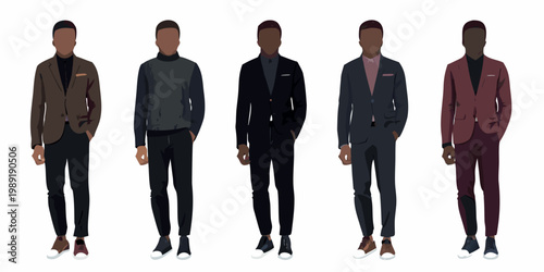 Five men illustrated in different suit styles and colors standing in a row