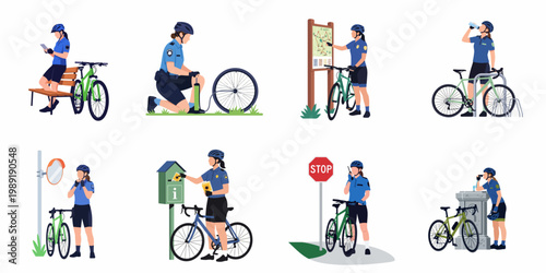 Set of flat vector illustrations featuring female police officers on bicycle patrol performing various duties and activities in the city.