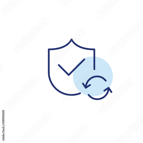 Shield with checkmark and renew arrows. Security update, protection refresh, verification renewal. Pixel perfect, editable stroke vector icon