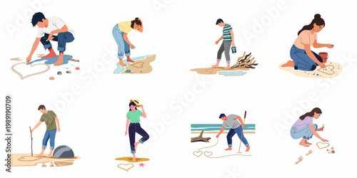 Flat vector illustration collection of young people drawing hearts in the sand at the beach, representing love, romance, and summer vacation leisure activities.