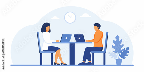 Two people working remotely at a desk with laptops and a clock