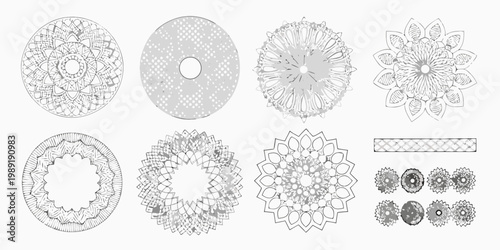 Intricate grayscale mandala designs arranged in a geometric composition