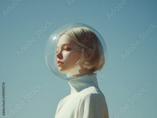 Fashion model in clear dome headpiece stands outdoors against blue sky during daylight hours, showcasing modern style and creativity in fashion