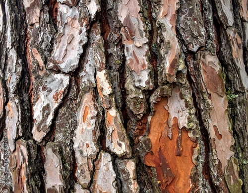 Close-up view of textured tree bark, showing details in brown and grey