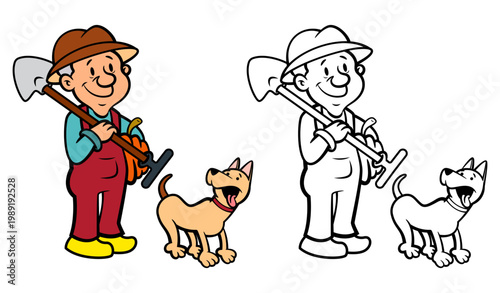 Vector illustration of a happy farmer carrying a pumpkin and a shovel with his cute dog