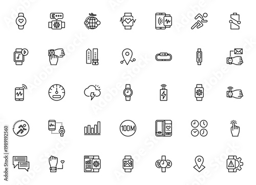Smart Watch icon set. Vector icons pack featuring heart rate, GPS, battery, notifications, sync, tracking, weather, touch screen and more. Editable stroke.