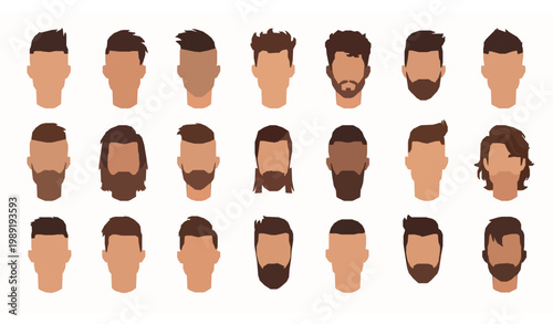 Cartoon male faces vector set with modern hairstyles and beard styles diverse men characters flat illustration