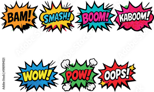 Vibrant comic speech bubbles on transparent background with BAM! SMASH! BOOM! KABOOM! WOW! POW! OOPS!