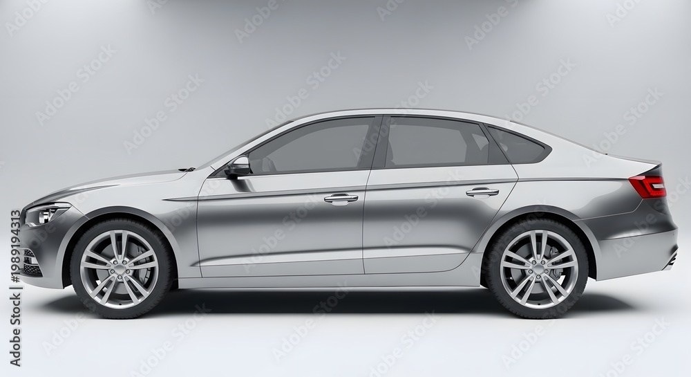 Naklejka premium Sleek Modern Silver Sedan Car Side Profile on White Studio Background