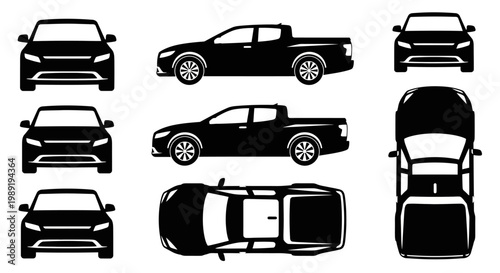 Set of Black Pickup Truck Silhouettes from Multiple Angles: Front, Side, Top View