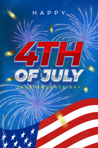 Happy 4th of july independence day poster with american flag and fireworks
