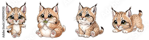 Adorable cartoon bobcat kittens in various playful poses isolated on transparent background