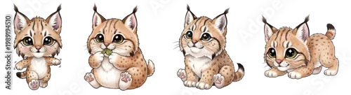 Obraz Adorable cartoon bobcat kittens in various playful poses isolated on transparent background