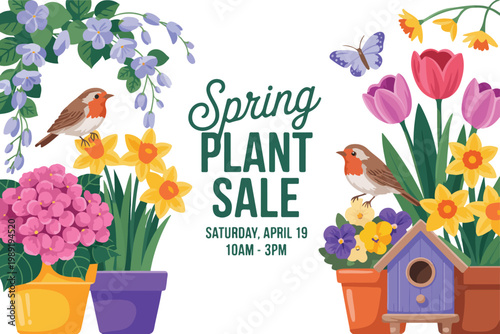 Spring plant sale promotional banner with colorful garden flowers birds butterfly and birdhouse for nursery market marketing and floral seasonal event announcement flat vector illustration