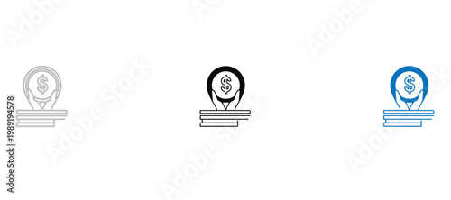 Financial Investment and Savings Concept, Hands Protecting Dollar Coin on Stack of Money, Set of Donation and Wealth Management Icons for Banking and Charity in Minimalist Line Art Style
