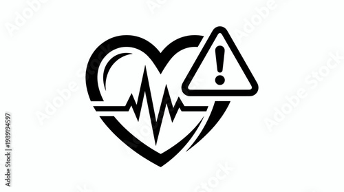 Heart Pulse with Warning Alert Symbol Silhouette Minimalist Black Vector Illustration for Medical Emergency and Cardiology Safety