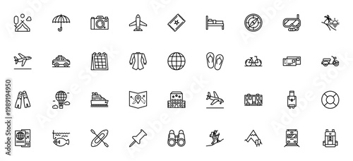 Travel icon set. Vector illustration pack featuring camping, airplane, hotel, beach, passport, backpack, taxi, compass and more travel essentials. Editable stroke.