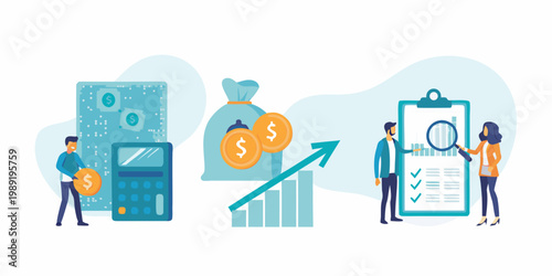 Financial analysis and growth depicted with people money and data charts