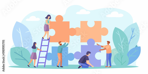 Teamwork concept people connecting puzzle pieces to achieve a common goal