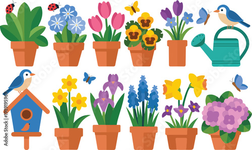 Spring garden collection with potted flowers watering can birdhouse birds and butterflies for seasonal nature design stickers and nursery gardening flat vector illustration