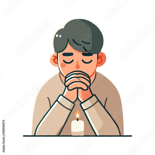 Man in Beige Sweater Prays with Folded Hands Beside a Lit Candle on White Background