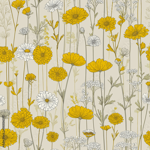 Vibrant yellow and white flowers in a repeating pattern with delicate stems and leaves.