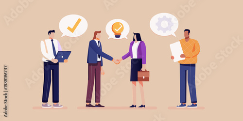 Business professionals collaborating with ideas and a successful handshake