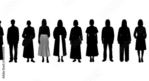 People crowd silhouettes in simple flat style, diverse fashion figures for concept art, background, and editorial design layout