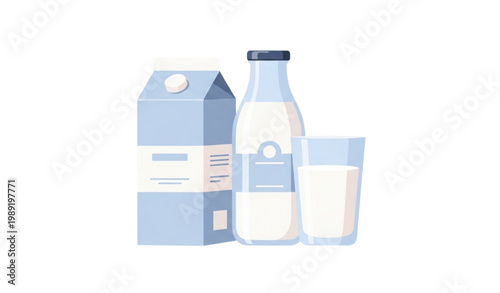 Dairy Products Milk Packaging Carton Bottle and Glass Flat Vector Illustration