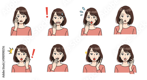 Eight facial expressions of a middle-aged woman show her looking surprised, shocked, and startled with various exclamation symbols.