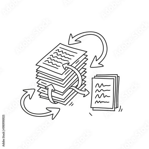 line drawing of papers being recycled.