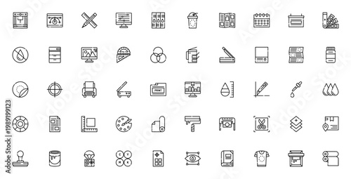 Printing icon set. Vector graphics collection featuring 3D printer, scanner, CMYK, brochure, calendar, design tools and more. Editable stroke line icons.
