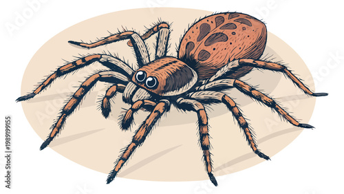 A detailed illustration of a spider with distinctive markings and hairy legs on a beige background