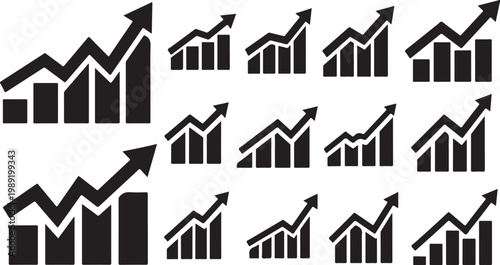 Black and white business growth chart icons set