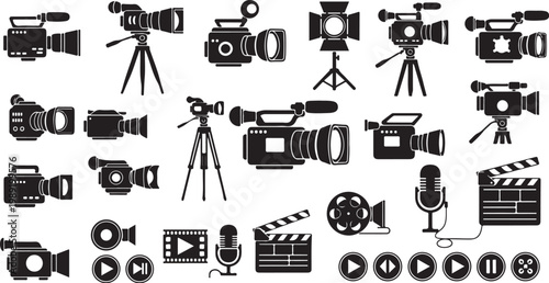 Film and television production equipment icons set