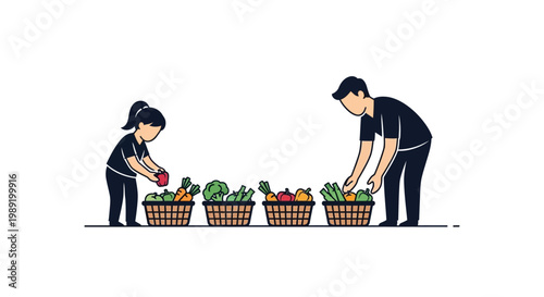 Man and woman picking vegetables.