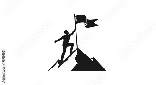 Man climbing mountain with flag.