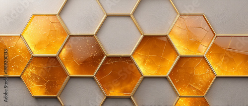 Elegant gold-framed amber hexagons with cracked texture on a beige plaster background, creating a luxurious geometric pattern for design concepts.