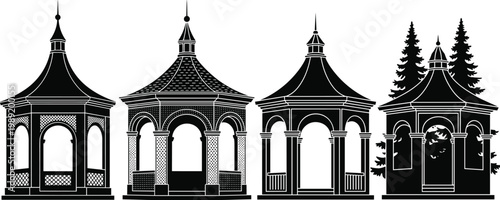 Collection of black gazebo silhouettes featuring various architectural roof styles and garden pavilions for landscape design, outdoor park icons, and ornaments.