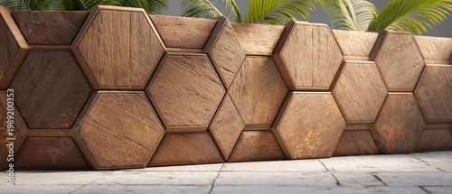Photorealistic hexagonal teak wood wall with gold flakes on a stone floor, perfect for architectural backgrounds and copy space.