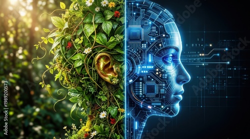 Futuristic cyborg head profile split with natural green leaves and circuits