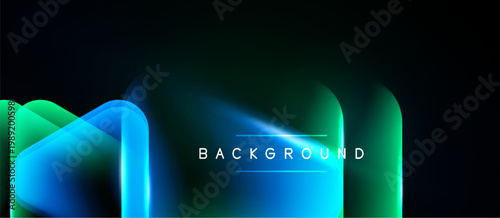 Abstract neon shapes overlap, creating vibrant blue, green glow. Dark background emphasizes luminosity, modern design element.