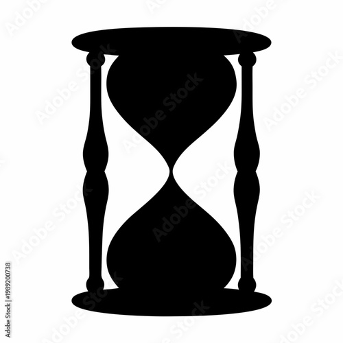 Vintage hourglass silhouette icon, black sandglass timer symbol, antique time management vector graphic isolated on white background
