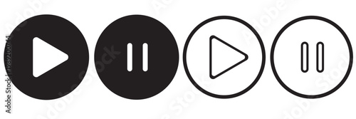  black Play button icon set on white background PNG. Media player UI icons. Minimalist play and pause icons. music video start sign. white background, EPS10