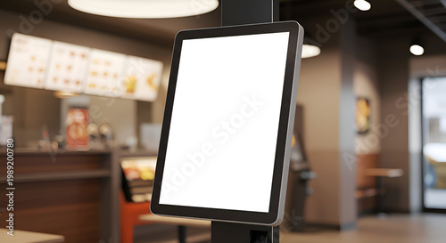 Empty digital kiosk in a fast food restaurant. Customer service representative in a fast food restaurant, displaying a blank menu board.