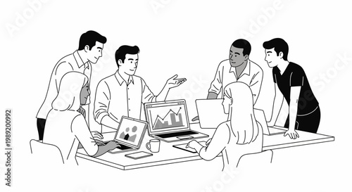 Diverse team collaborating in a modern office meeting, discussing strategy on laptops and tablets.