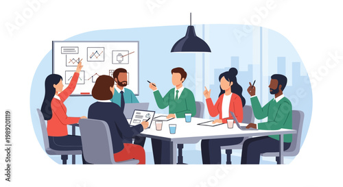 Diverse team in business meeting, discussing strategy at conference table, whiteboard with charts