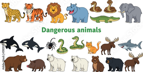 Large vector collection of cartoon dangerous animals featuring bear lion tiger shark snake crocodile and spider for kids design.