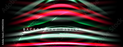 Abstract neon lines create dynamic flow. Red, green, white hues blend against black backdrop. Modern design element.